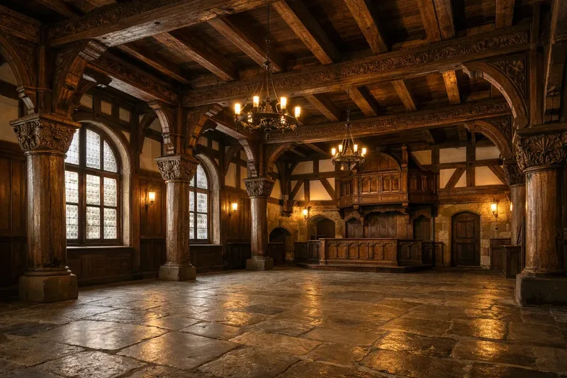 Eine holzgetäfelte Halle mit Balkendecke, Steinboden, Rundbogenfenstern und Kronleuchtern.