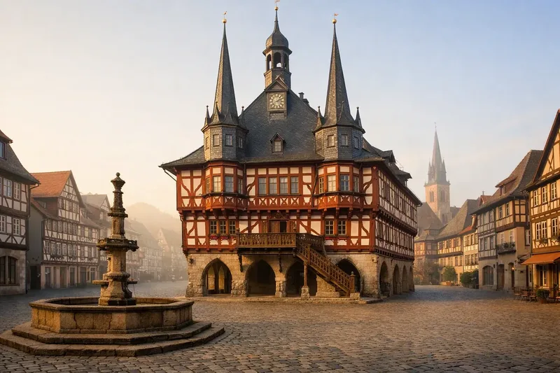 Ein Fachwerk-Rathaus mit zwei spitzen Türmen an einem Platz mit Brunnen im Abendlicht.
